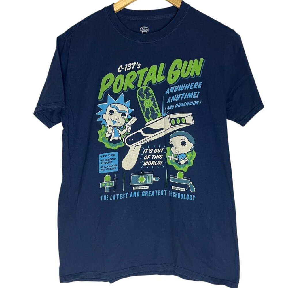 Funko Pop Rick and Morty Mens Medium Tshirt Blue C-137 Portal Gun Graphic Casual